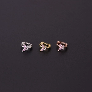 Mini butterfly cartilage hoops in silver, gold, and rose gold with pink zircon stones