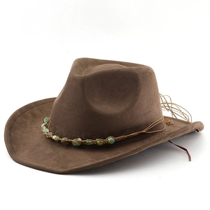 Bohemian dark brown suede western cowboy hat with decorative green gemstone beads