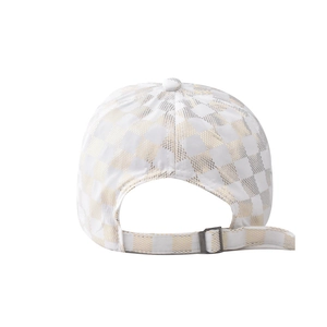 Close-up of the white and gold checkered baseball cap with adjustable metal back strap