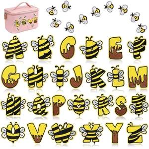 Cartoon Bee Alphabet Embroidery Patches Letter A-Z Iron On Patches For Clothing Bags DIY Decorative Repair Patch Christmas Halloween Theme