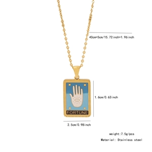Detail of Fortune tarot pendant necklace in gold stainless steel with size specifications