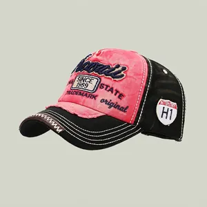 Vintage washed navy blue Hawaii baseball cap with retro embroidery and distressed denim finish