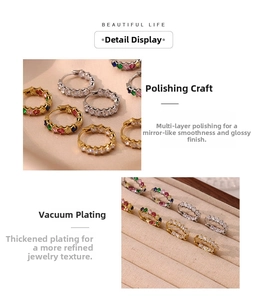 Detail of polished hoop earrings with multi-colored cubic zirconia and vacuum gold plating