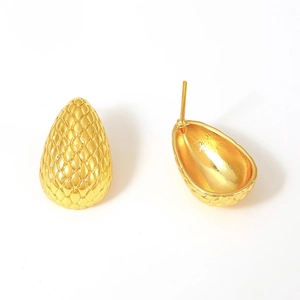Gold water drop earrings with vintage grid texture and 18k gold plating on white backdrop