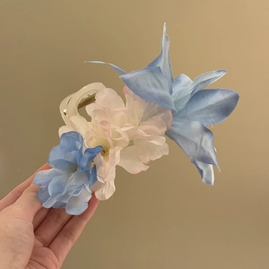 Pince à cheveux élégante avec fleurs en tissu pour femmes en bleu et blanc pour l'été