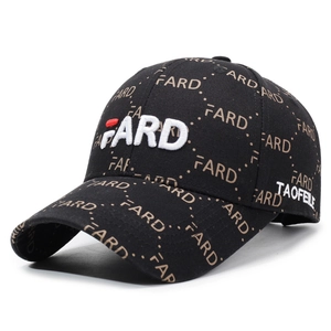 Black baseball cap with 3D FARD embroidery and all-over pattern on white background