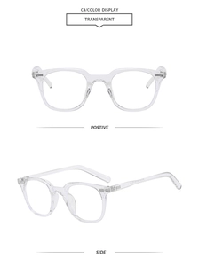 Detailed front and side view of transparent oversized fashion blue light glasses frame