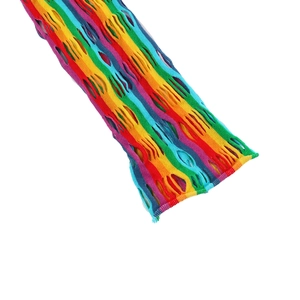 Detail of rainbow striped mesh arm warmers with distressed cutouts for rave festivals