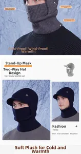 Detail of winter knitted hood with thick fleece lining and integrated face mask