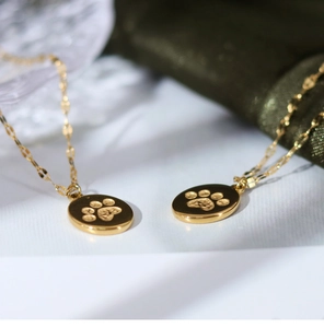 Macro detail of gold cat paw print oval pendant on a delicate chain necklace