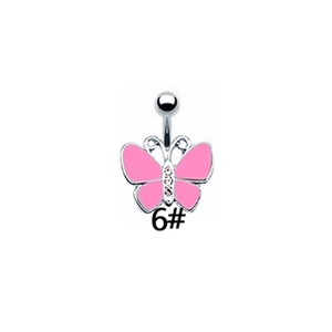 Detail of a pink butterfly belly ring with enamel wings and small diamond accents