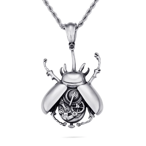 Mechanical beetle pendant in silver stainless steel with steampunk gear details and chain