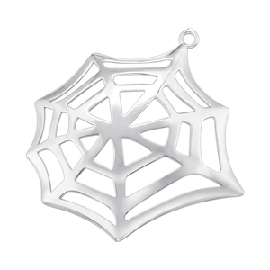 Detailed view of silver metallic spider web pendant with hollowed-out design for Halloween