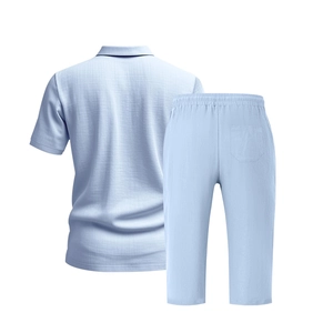 Back view of light blue linen polo shirt and cropped pants set with elastic waist
