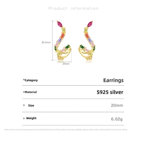 Detailed specs of S925 silver snake earrings with colorful gemstones and 36.5mm height