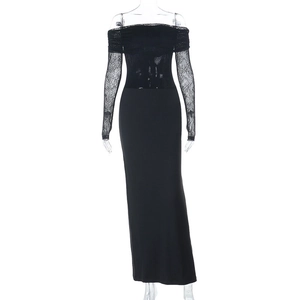 Detailed view of black off-shoulder lace dress featuring sheer mesh and slim fit design