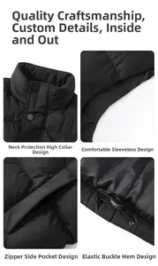 Detail view of windproof black vest featuring a high collar, zipper pockets, and drawstring hem