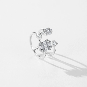 Double-layered S925 sterling silver ring with geometric zircon clusters in silver finish
