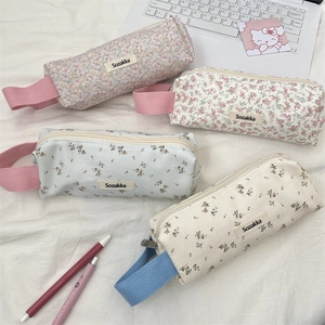 Floral canvas pencil bags with large capacity and portable side handles for stationery