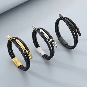 Woven Leather Bracelet For Men Stainless Steel Magnetic Clasp Multi-Layer Punk Bangle Cowhide Jewelry Masculine Accessory