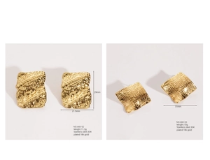 Detail view of 18k gold plated stainless steel earrings with textured hammer finish