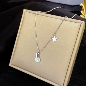 Close-up of silver rabbit necklace with mother-of-pearl inlay and star pendant details