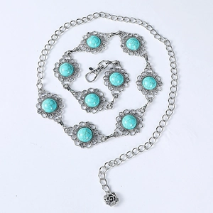 Silver metal chain belt with turquoise stones and floral engravings in a circular layout