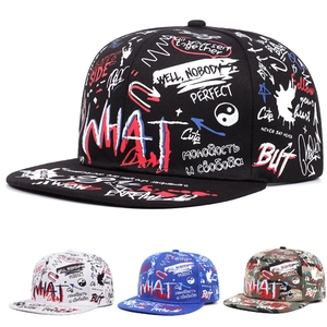 Street style graffiti baseball cap available in black, white, blue, and camo colors