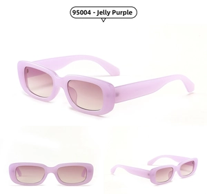 Three-view display of jelly purple rectangular sunglasses with gradient lenses