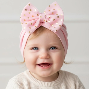 Close-up of pink baby turban hat with a large gold-dot bow and soft fabric detail