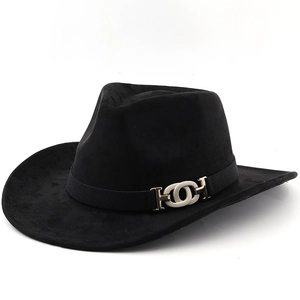 Classic black suede cowboy fedora with wide brim and vintage geometric buckle accessory