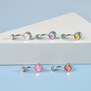 Five pieces of stainless steel belly rings with holographic iridescent opal stones