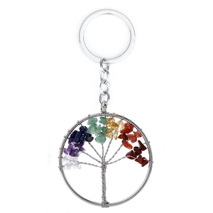 Macro detail of Tree of Life keychain with colorful chakra natural crystal stones