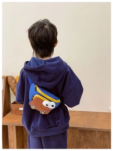 Blue cartoon car waist bag for kids featuring big eyes and yellow zipper detail