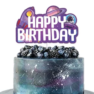 Space astronaut theme Happy Birthday cake topper with colorful rockets and planets