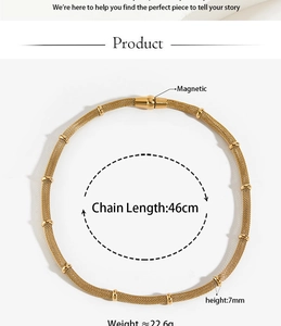 Detail showing gold mesh necklace with magnetic clasp, 46cm length and 7mm thickness