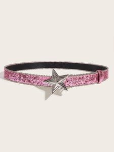 Pink sequin belt featuring a multi-layered star metal buckle and silver bead chain trim