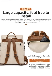 Detail view of the anti-theft zipper pocket on the back of beige faux leather backpack