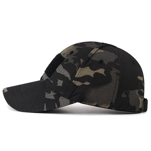 Tactical camouflage baseball cap with velcro patch area and ripstop fabric design
