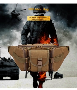 Tactical waterproof waist bag in coyote brown with 5 functional zippered pockets