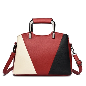 Chic tricolor leather tote bag with metal handle and detachable shoulder strap