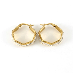 Elegant gold titanium steel hexagonal earrings with sparkling diamonds on white background