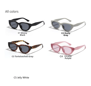 Detailed grid display of square cat-eye sunglasses in black, grey, tortoiseshell, and purple