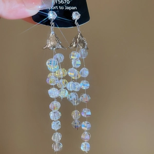 Dettaglio di orecchini a nappa in argento con zirconi e perle trasparenti sfaccettate