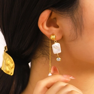 18k gold plated stainless steel long tassel earrings with baroque pearl and crystal drop