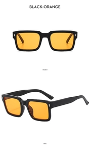 Detailed front and side views of square sunglasses with black frames and orange lenses