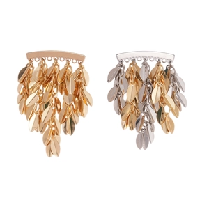 Metallic leaf tassel earrings in gold and silver finish with minimalist vintage style
