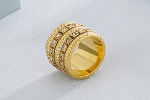 Detailed view of wide gold-plated stainless steel ring with dual rows of set zircons