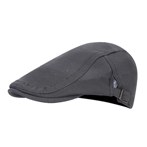 Dark grey breathable newsboy cap with vintage metal buckle and mesh texture
