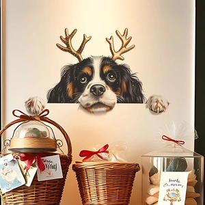 Christmas Reindeer Antlers Cavalier King Charles Spaniel Peeking Dog Wall Sticker Removable PVC Festive Home Decal